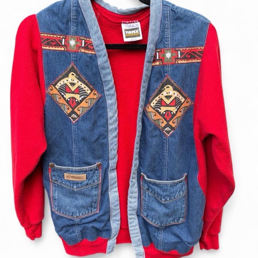 Tultex Red Fleece Jacket with Denim Vest and Tribal Patches